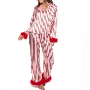 Linea Donatella Women's 2-Piece Marabou Stripe Top and Pants Pajama Set Sz Large